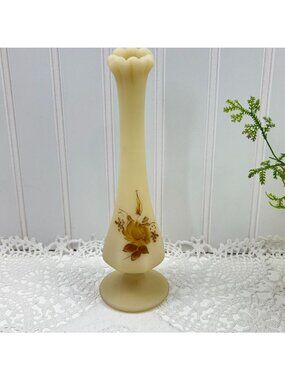 Fenton Custard Glass  Satin Pedestal Swung Bud Vase Hand Painted Artist Signed